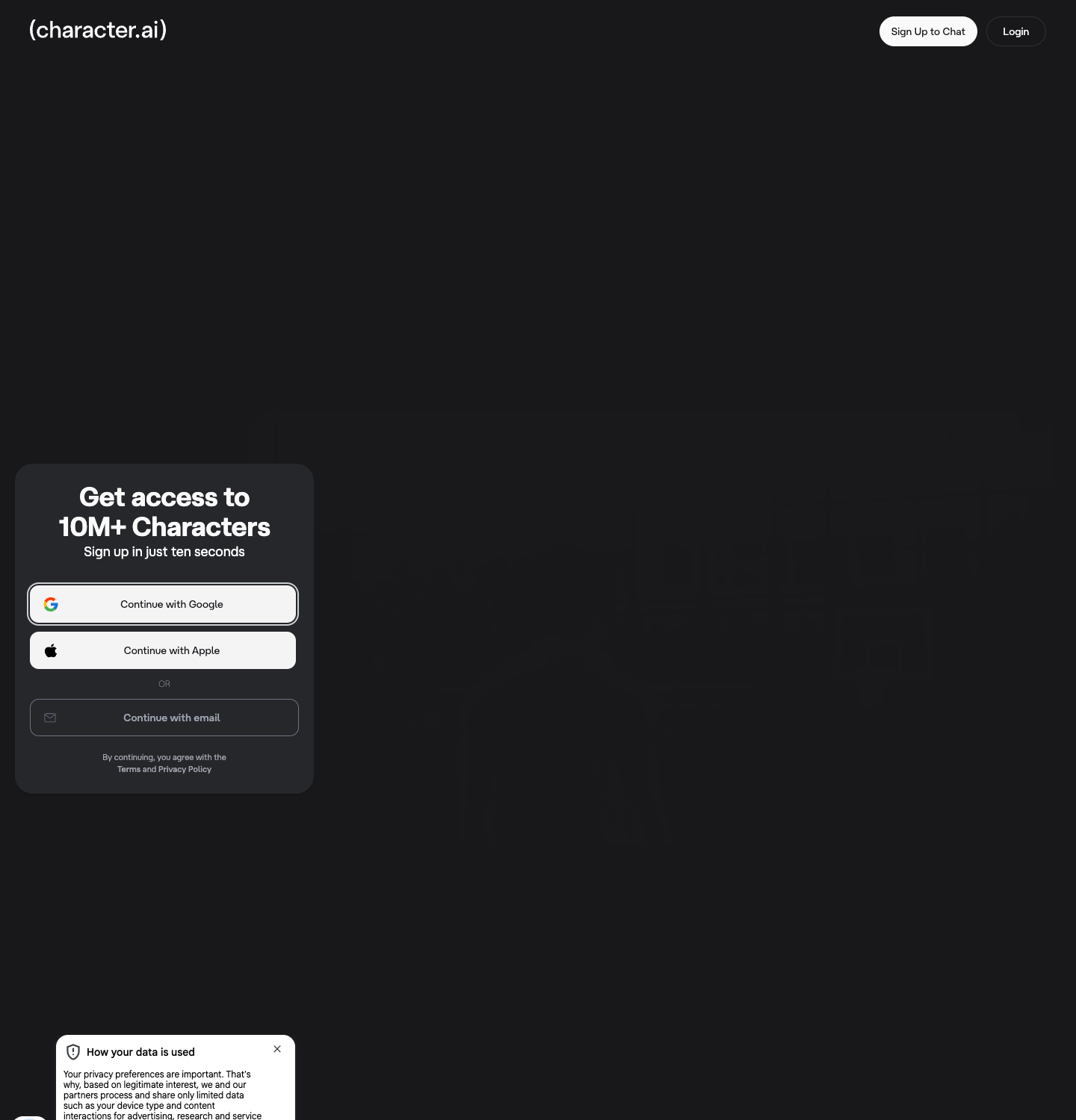 Character.AI home page, captured July 2026