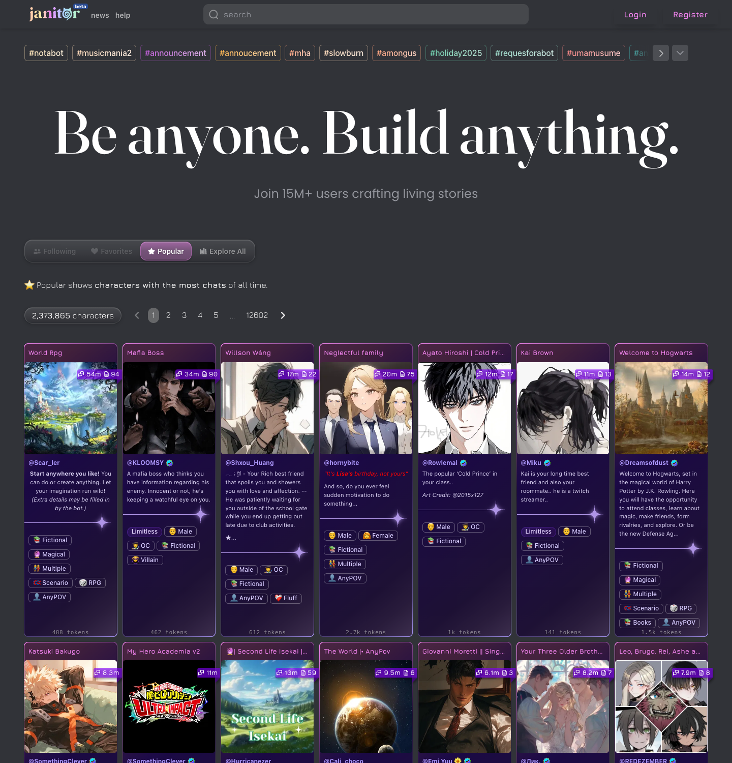 Janitor AI home page, captured July 2026