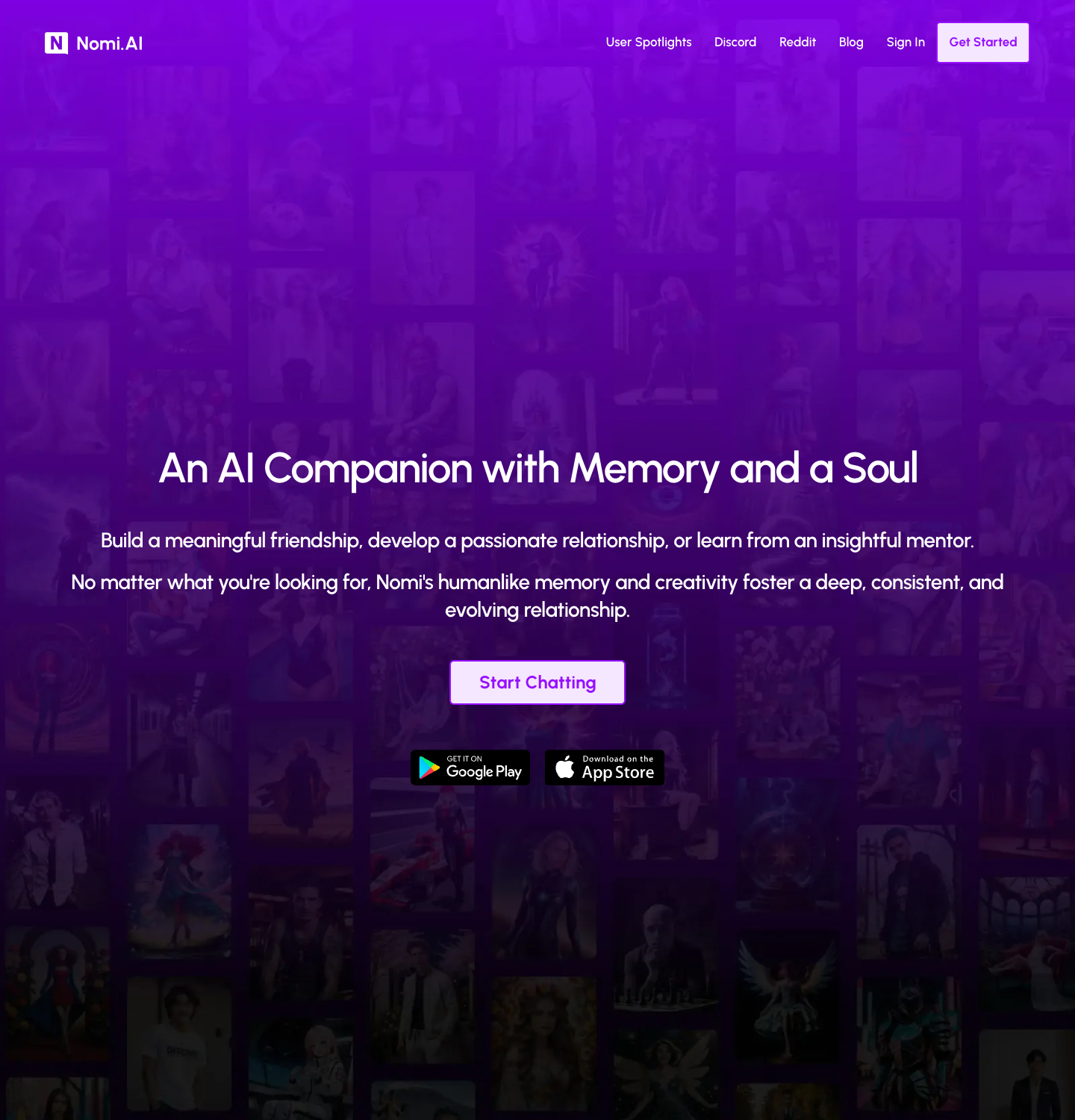 Nomi AI home page, captured July 2026
